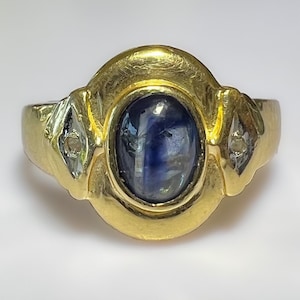 Vintage Mid Century 14k Natural 1 Ct Blue Sapphire Cabochon Diamond Ring 3g