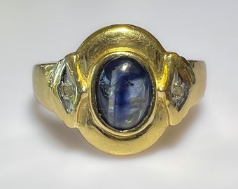 Vintage Mid Century 14k Natural 1 Ct Blue Sapphire Cabochon Diamond Ring 3g