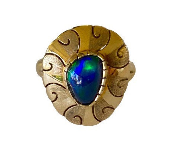 Art Nouveau 14k Pristine Australian Black Opal St… - image 3