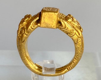 24k Solid Gold Very Old 18th Century Chinese Double Dragon Ring 7.8g