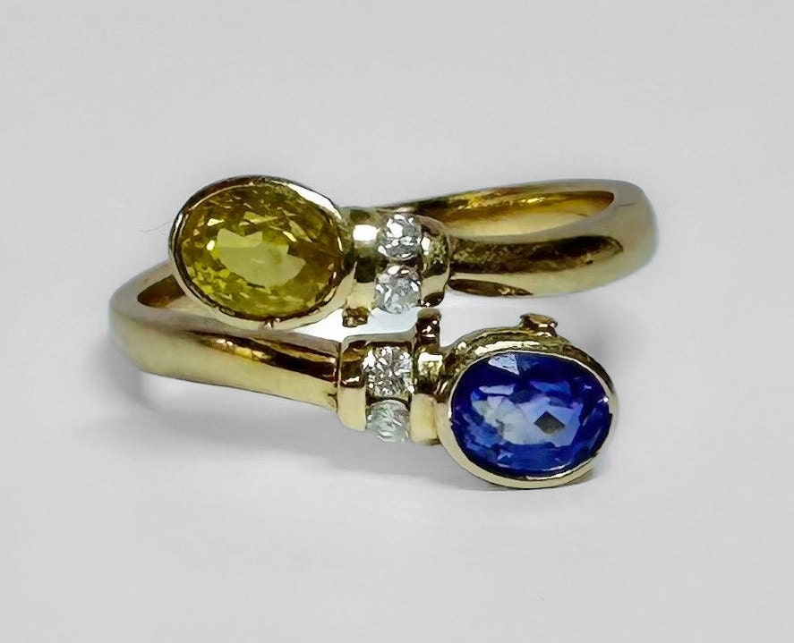 Antique 14k Blue and Yellow Sapphire Diamond Crossover Ring 2.4g