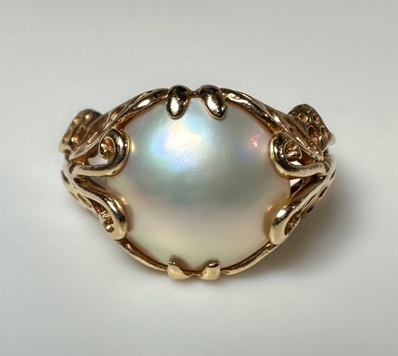 Vintage 14k Mabe Pearl Butterfly Cocktail Ring 4.… - image 1