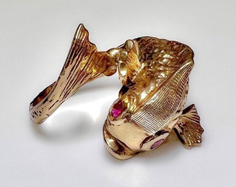 Art Nouveau 10k Chinese Coiled Fish with Ruby Eyes 8.2g