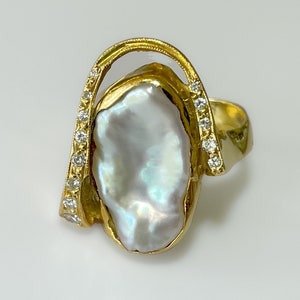 Antique Artisan Crafted 14k Baroque Pearl Diamond Cocktail Ring 13g