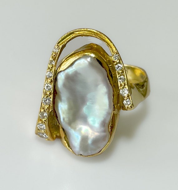 Antique Artisan Crafted 14k Baroque Pearl Diamond Cocktail Ring 13g
