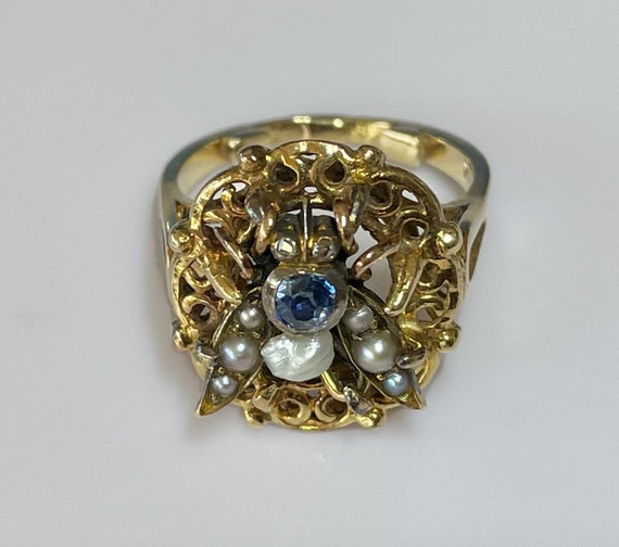 Victorian 14k Natural Sapphire Seed Pearl Fly Rin… - image 3