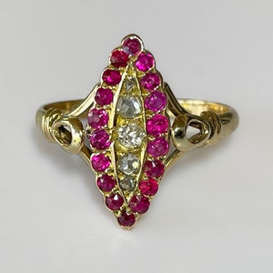 Art Deco 18k Rose Cut Diamond Natural Ruby Ring 3.5g