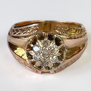 Victorian Mens 14k Rose Gold Mine Cut Diamond Ring 8.7g