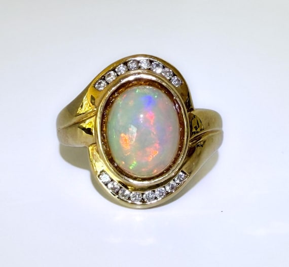 Modernist Vintage 14k Australian 2.75ct Jelly Opal Diamond Ring 6g