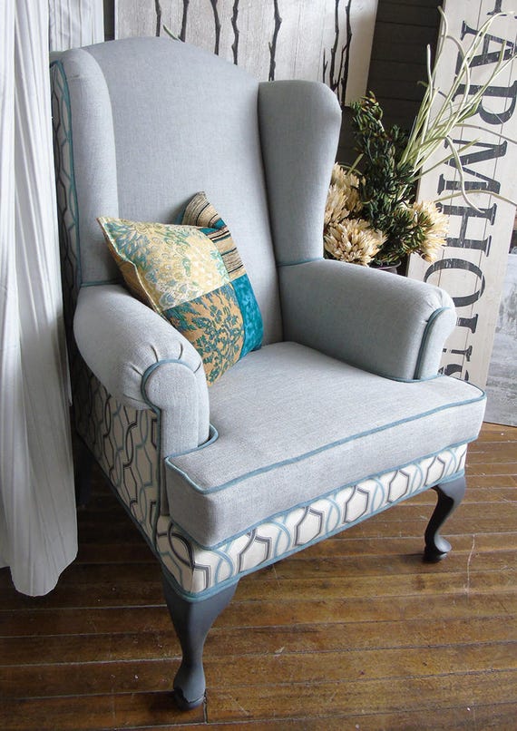 Upcycled Upholstered Wing Back Chair Designer Fabric Etsy