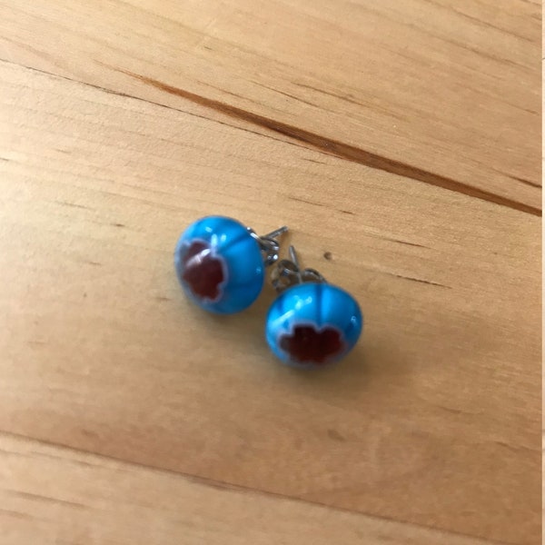 Beautiful fused glass stud earrings-blue, white and red-Millifiori