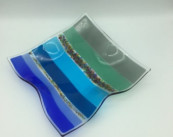 Blue and green striped  Plate/ Dish/Bowl -fused glass-handmade