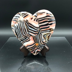 Fused Glass Heart with stand-handmade-peach/white/black