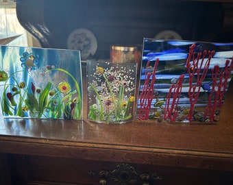 Beautiful candle screens- handmade - fused glass candle holders