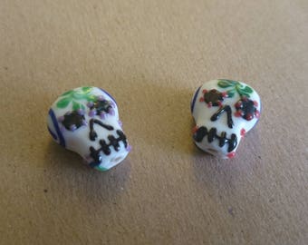 2 perles forme crâne calavera, tête de mort mexique en verre