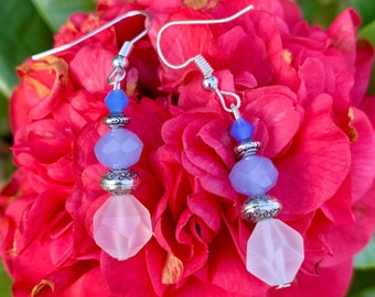 Translucent glass pearl and blue pearl dangling earrings