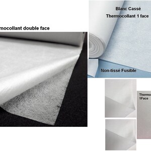 Peut inclure: Gros plan sur du tissu entoilage thermocollant blanc, présenté en rouleau et en feuilles pliées. Le texte inclut : "Entoilage Thermocollant double face", "Blanc Cassé Thermocollant 1 face", et "Non-tissé Fusible".