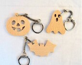 Bag jewelry key door natural beech wood halloween, wooden bat, wood ghost, wood pumpkin. Made with a whiring saw