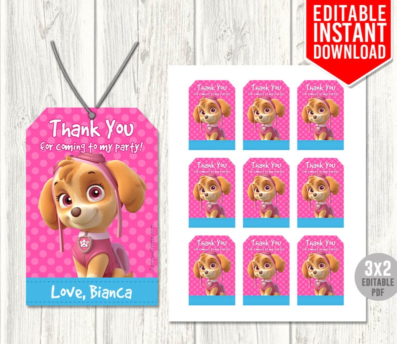 skye thank you tags skye favor tags paw patrol skye tags etsy