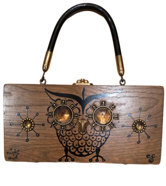 Vintage Enid Collins Night Owl Box Bag, Bejeweled Owl Motif, 1967