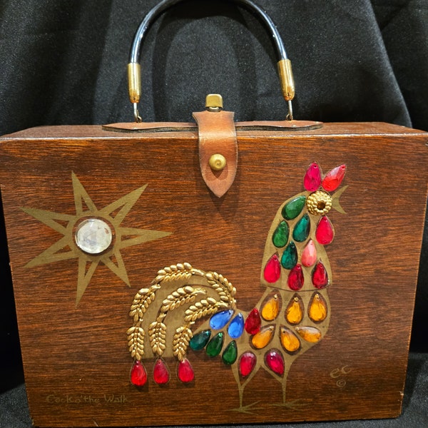 1960s Vintage Enid Collins "Cock O The Walk" Handmade Embellished Rooster Wood Box Bag / Purse