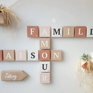 Scrabble letter, wooden letter, terracotta wall decoration, terracotta wood color, designer decoration, Valou model