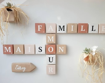 Scrabble letter, wooden letter, terracotta wall decoration, terracotta wood color, designer decoration, Valou model