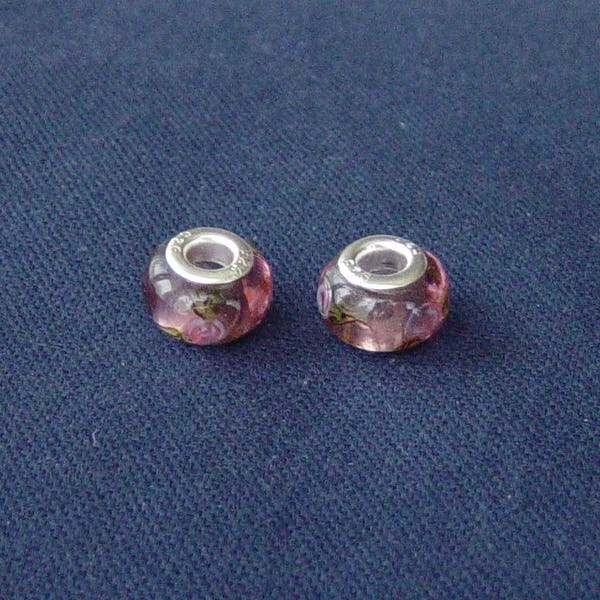 2 Perles rosées motifs fleuris Lampwork pour bracelet serpent