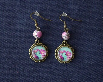 Boucles d'oreilles fleurs roses métal bronze