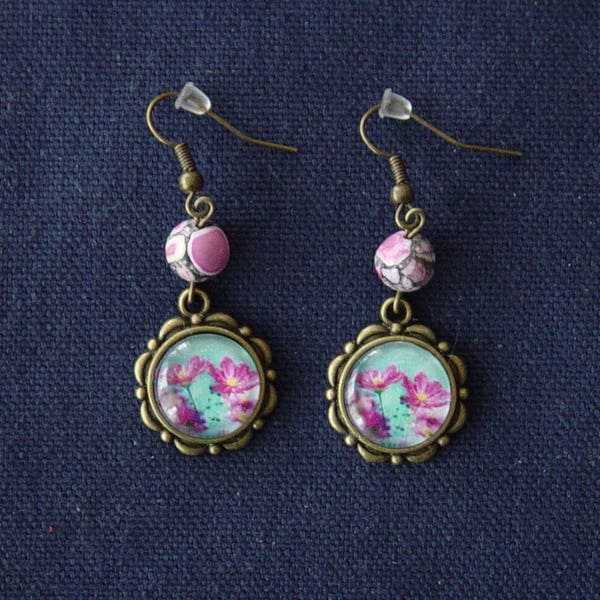 Boucles d'oreilles fleurs roses métal bronze