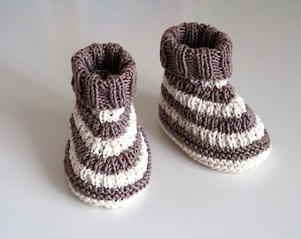 Brown and beige striped baby shoes, hand-knitted from pure cotton, size 3-6 months, neutral gift for a baby shower or birth