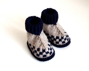 chaussures de bébé tricotées, à motifs bleu beige, taille 3-6 mois, tricotées à la main en pure laine