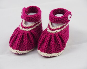 Hand-knitted baby booties with straps and button | Pink and cream | Size 3-6 months | Soft wool | Baby shower gift