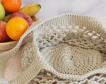 Hand-crocheted beige shopping bag – Sustainable 100% cotton shopping bag with shoulder strap | Reusable shopping net