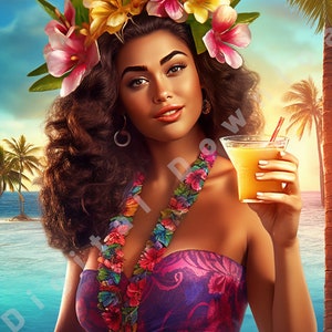 Hawaiian Print Digital Download Hawaiian Decor Hawaiian Art Girl on Beach with Cocktail Polynesian12X18 2 to 3 AR