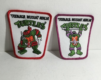 Vintage Teenage Mutant Ninja Turtle-patches.  NIEUW "Power Patch" Donatello & Raphael geborduurde zelfklevende achterkant/naai jasje, hoed, shirtpatch
