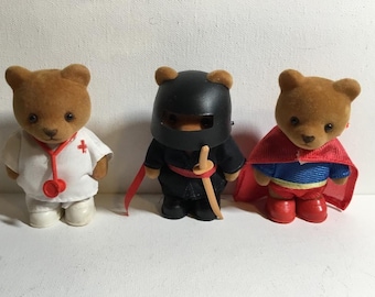 Vintage Bear In In Mind Showcase Series, Doctor Flocked Bear, Super Flocked Bear, Ninja Flocked Bear. 4 Inch Flocked Collectible Bears 1980