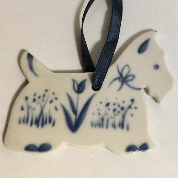 Vintage Rare Russ Scottie Dog White Blue Ceramic Ornament