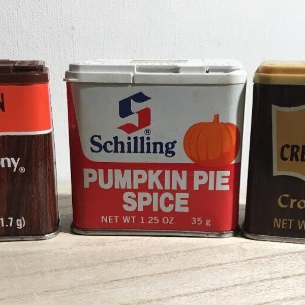 Vintage McCormick Pumpkin Spice Tin, Vintage Safeway Cream of Tarter Spice Tin, Vintage Crown Colony Cinnamon Spice Tin