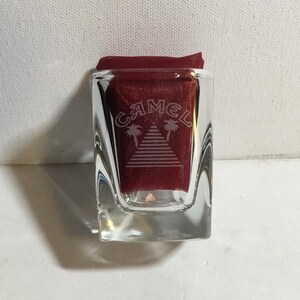 Vintage Joe Camel Shot Glass.  Camel Cigarettes Promo Camel Clear Glass Shot/Jigger Glass. Etched Pyramid, Palm Trees And Camel Logo