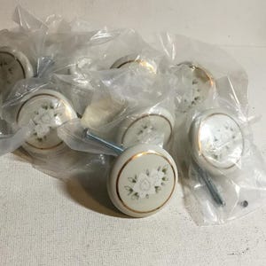 Vintage Porcelain Floral Cabinet Knobs Set of 10. White Floral Gold Trim Drawer Pulls NOS  By Allison, Cottage Farmhouse Kitchen Dresser