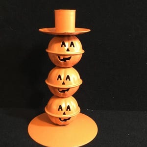 VTG Pumpkin Bell Stacked Metal Jingle Bell Candle Holder. Stacked Jack O Lantern Metal Candlestick, Orange Pumpkin Jingle Bells.
