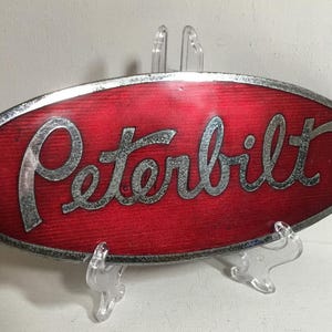 Vintage Peterbilt Enamel Badge/Emblem. Red and Silver Peterbilt Semi Truck Oval Metal Badge Grill Logo 8 inch