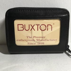 Vintage Buxton Akkordeon Palm Size Brieftasche mit Münze & Kreditkarten-Abschnitt Doppel-Reißverschluss Top Grain Schwarz Leder Geldbörse.  NEUE Originalverpackung,