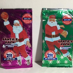 Vintage Santa Packs.  MLB And NBA Santa Packs by Treat.  Each Holiday NEW Sealed Pack From 1995 Has 6 Official Licensed Trading Cards Inside