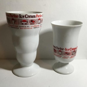 Vintage Ice Cream Parlor, Ice Cream Sundae Ceramic Dessert Parfait Dishes On Pedestals. Name Your Favorite Flavor Written on The Dishes