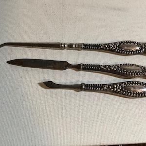 Vintage Antique Victorian Sterling Silver 3 Piece Manicure Set,  Grooming Tools, Button Hook Nail File Cuticle Pusher, Repoussé Sterling