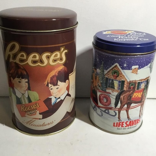 Vintage Collectible 1989/1992 Reese’s Peanut Butter Cups Candy Tin Canisters/ Life Savers Limited Edition Holiday Tin Canister