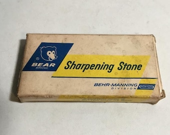 Vintage Bear Sharpening Stone, 1 Soft Arkansas Round Edge Slip Stone SS4, Soft/Hard Oil Stone Knife Sharpening Tool. NEW Behr Manning Norton