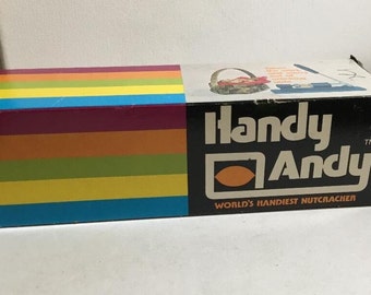 Vintage Handy Andy Nutcracker World's Handiest Nutcracker. Cast Iron Yellow Nut Cracker Original Box Nut Cracker Pecans Walnuts Filberts NEW